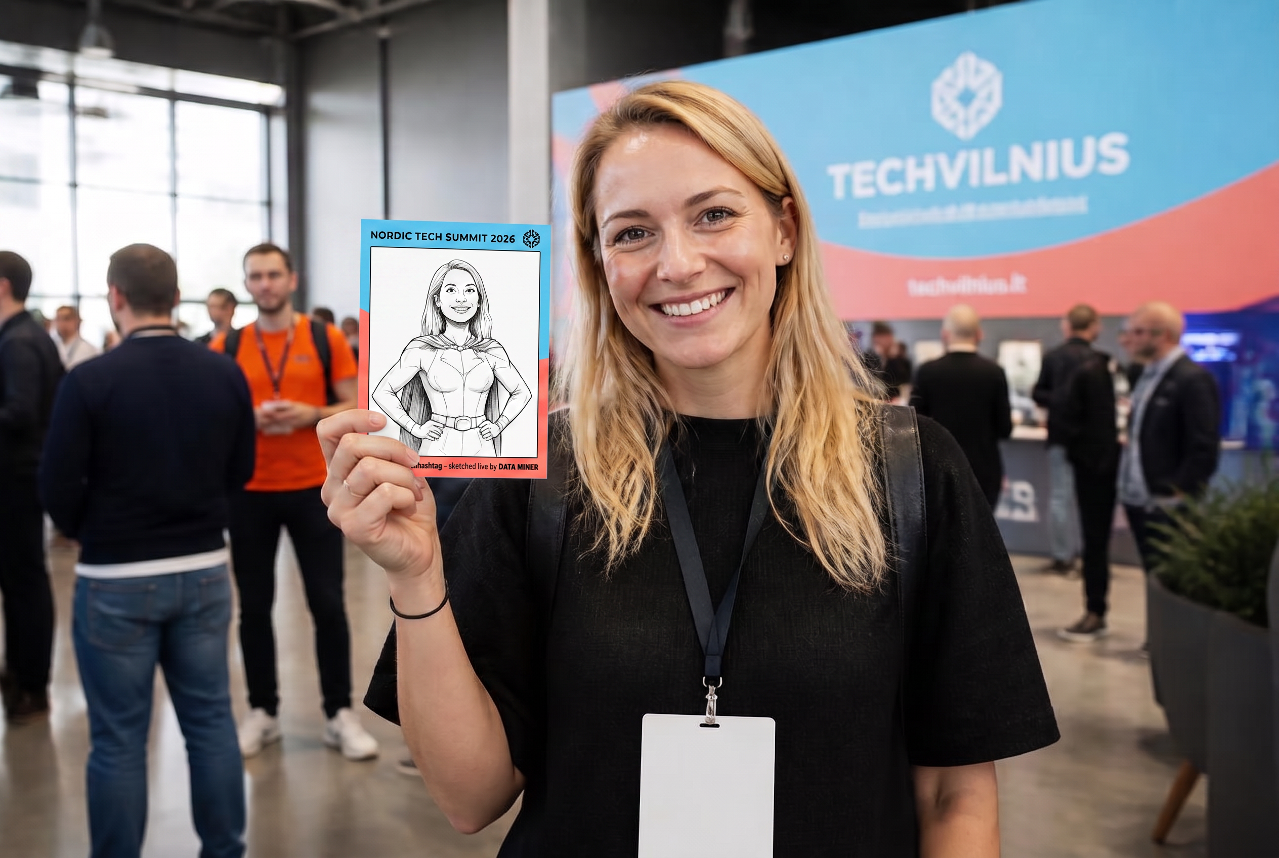 Smiling conference guest holding her robot-drawn superhero caricature