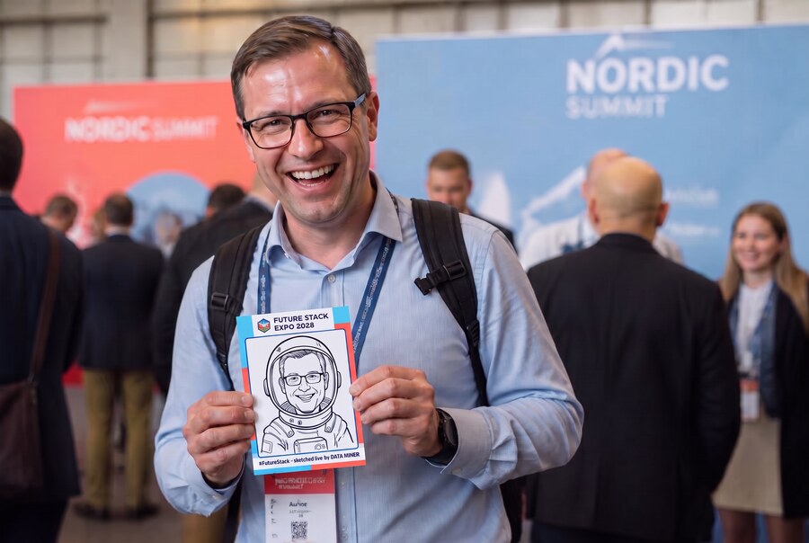 Laughing man with glasses showing his robot-drawn astronaut portrait sketch