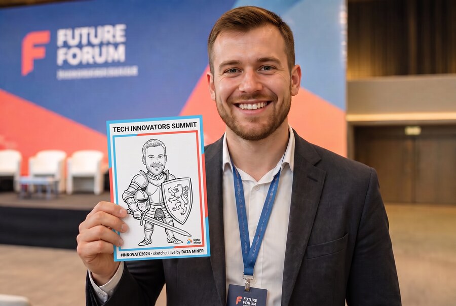 Smiling man in a suit jacket showing his knight caricature sketch